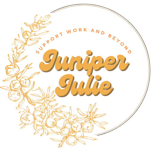 Juniper Julie logo with floral design and text 'Support Work and Beyond'.